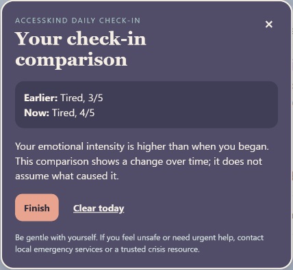 Check-in comparison showing an earlier and current tiredness rating with Finish and Clear Today controls