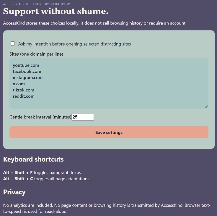 AccessKind focus settings for distracting sites, intention prompts, and break intervals