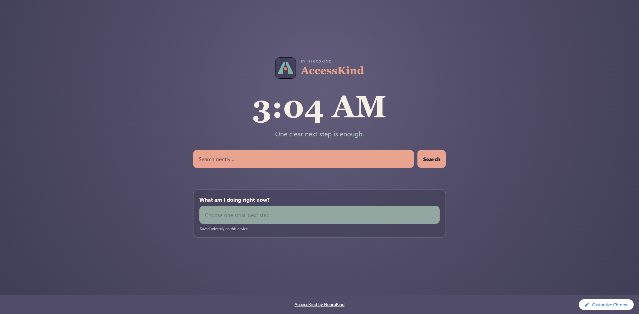 Actual AccessKind opening screen with a muted purple background, search field, and gentle welcome