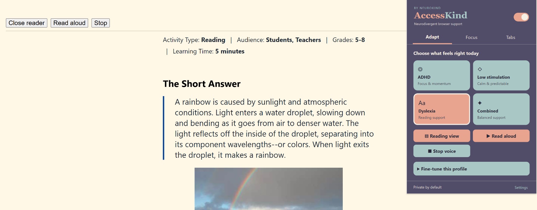 Simplified Reading View with read aloud controls